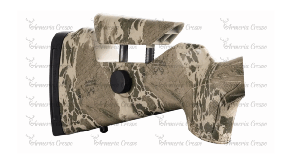 Rifle CVA Cascade LRXH con culata camuflada, lomo regulable y cañón Cerakote bronce.