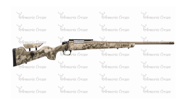 Rifle CVA Cascade LRXH con culata camuflada, lomo regulable y cañón Cerakote bronce.
