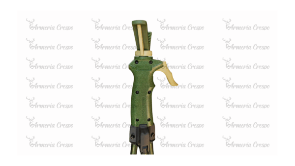 Trípode Primos Trigger Stick Vital verde con ajuste rápido mediante gatillo y patas de aluminio ligeras.