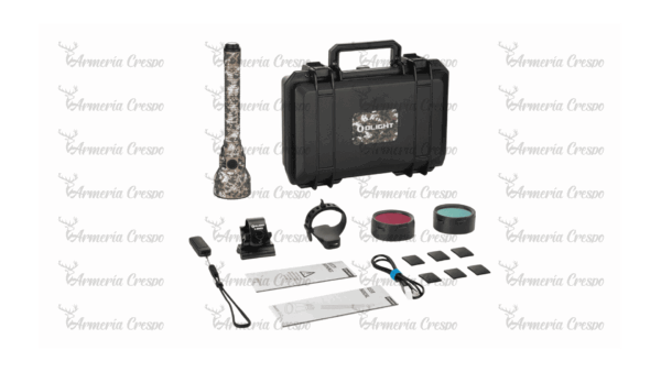 Kit de caza Olight Javelot Turbo 2 con control remoto, filtros rojo y verde y montura magnética.
